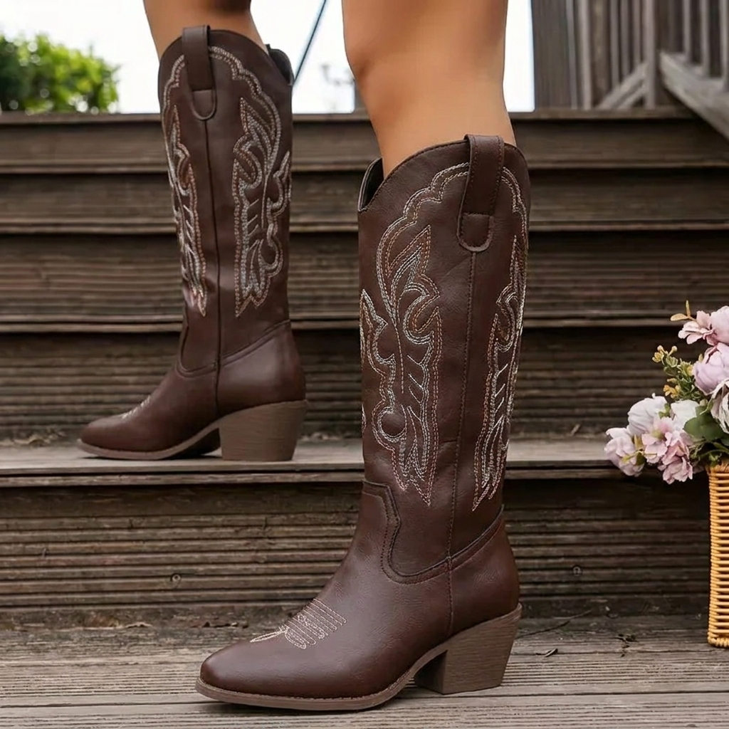 Scarlett Women Embroidered Western Boots with Block Heel, colour: Brown