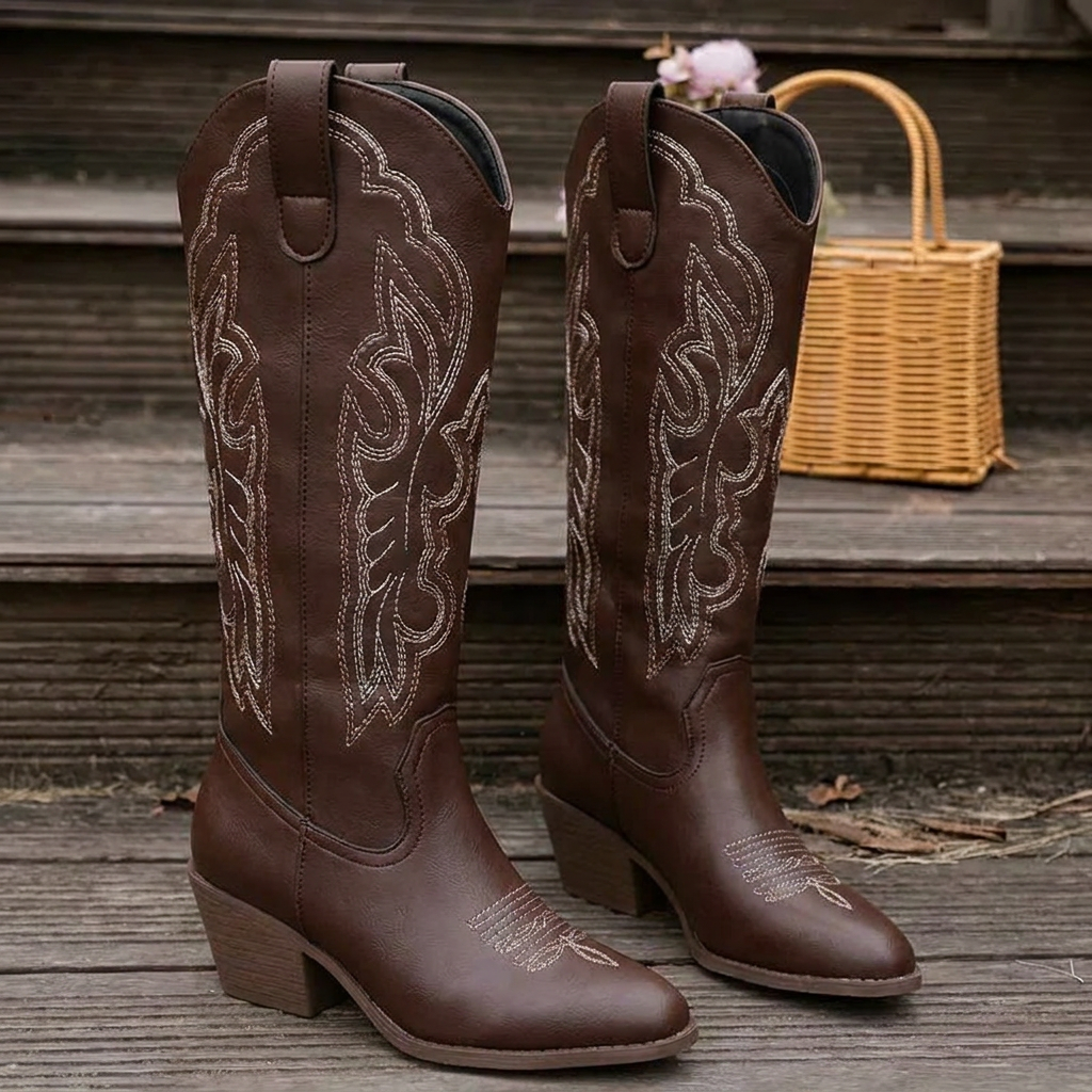 Scarlett Women Embroidered Western Boots with Block Heel, colour: Brown