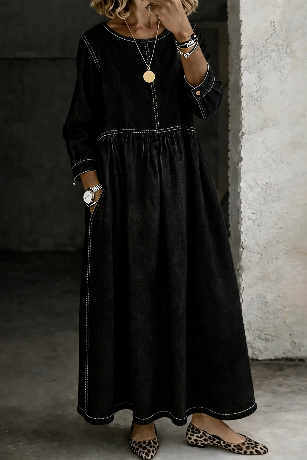 Sophie Women Long Sleeve Denim Maxi Dress, colour: Black