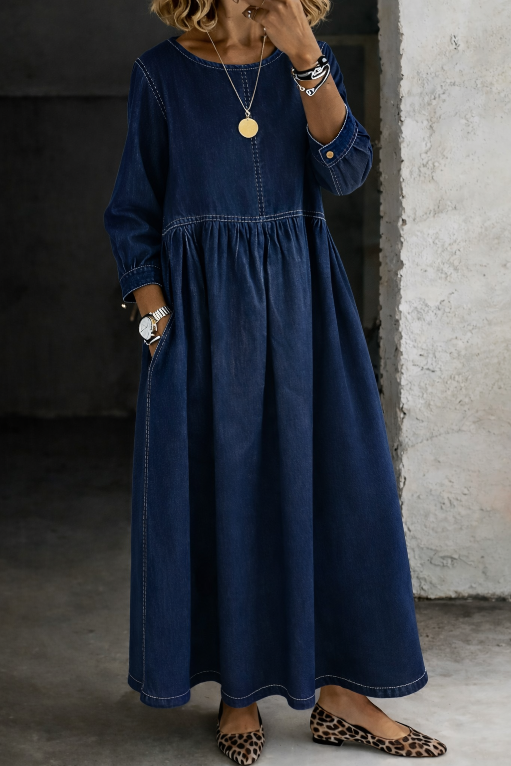 Sophie Women Long Sleeve Denim Maxi Dress, colour: Navy