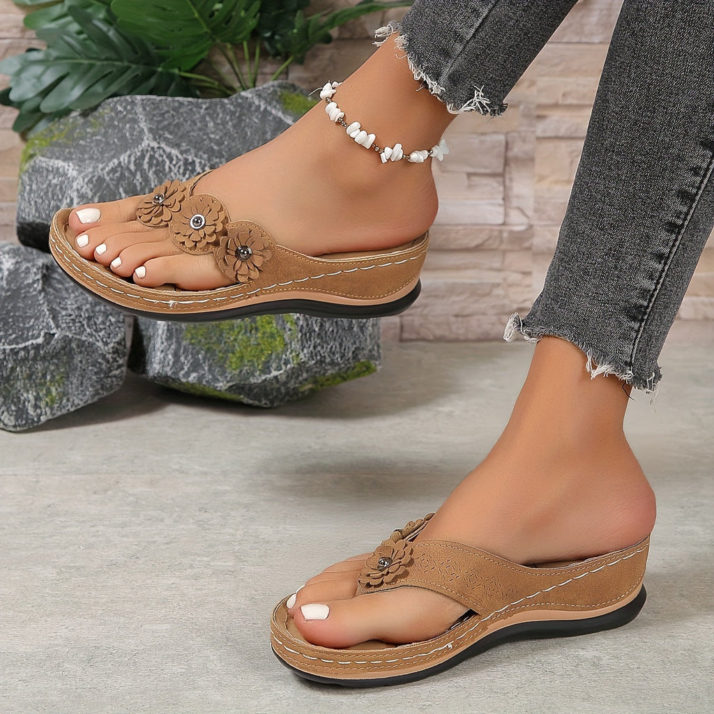 Willow Women Toe Post Wedge Sandals with Flower Detail