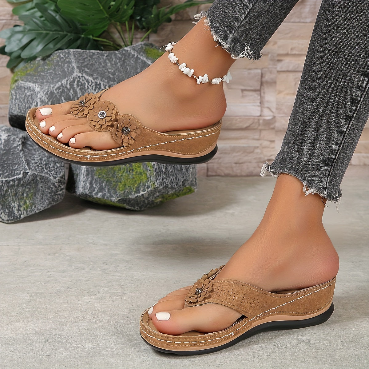 Willow Women Toe Post Wedge Sandals with Flower Detail