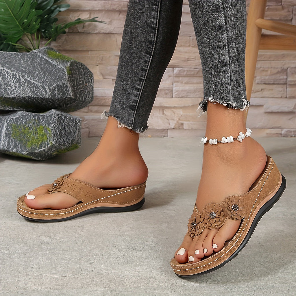 Willow Women Toe Post Wedge Sandals with Flower Detail