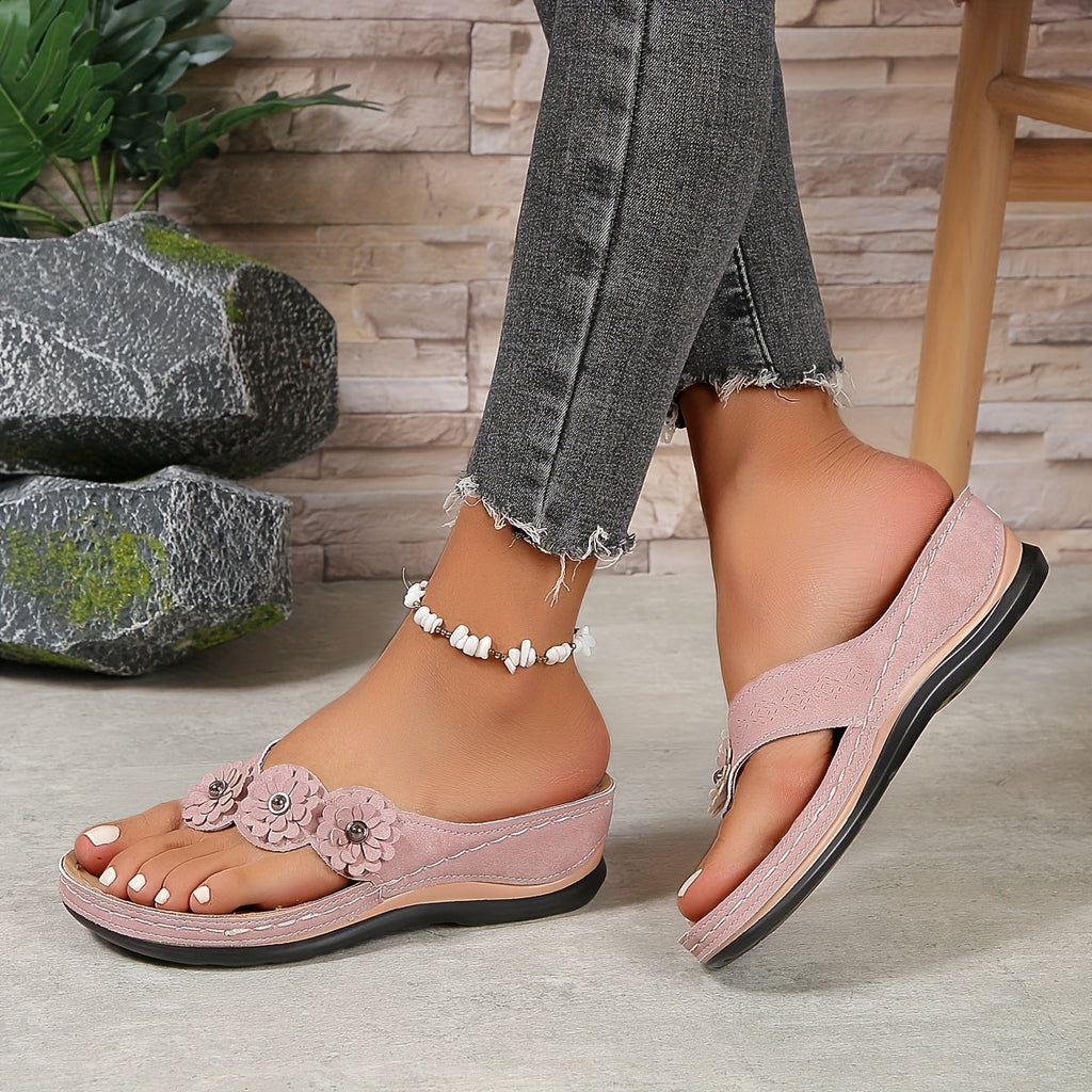 Willow Women Toe Post Wedge Sandals with Flower Detail